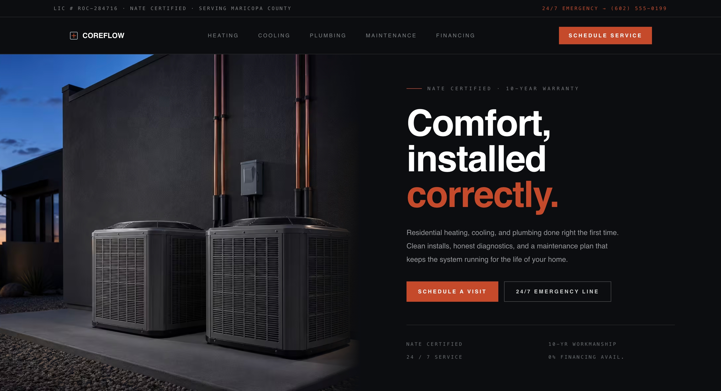 CoreFlow HVAC website hero — dark split layout with condenser units and schedule CTA.