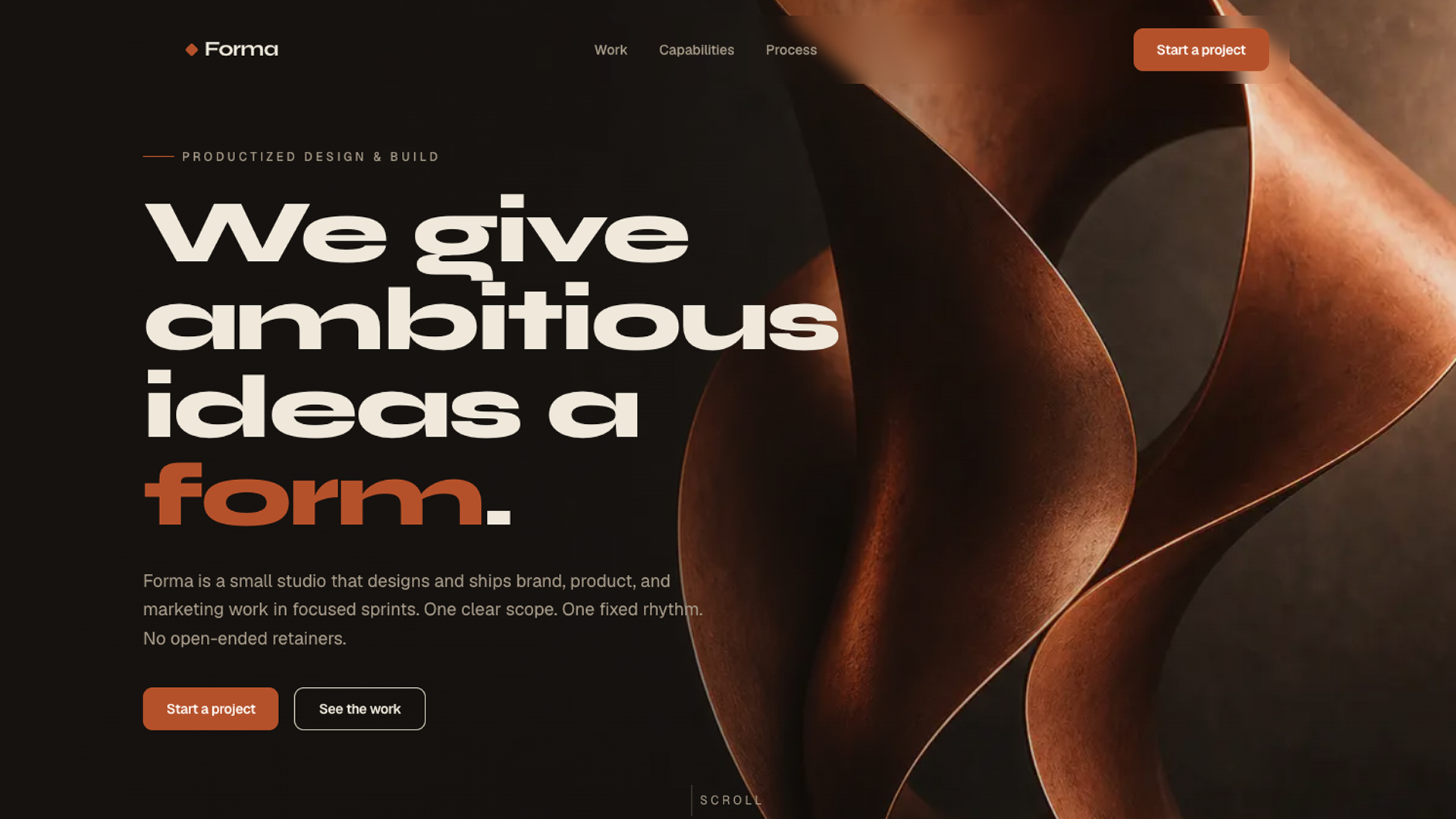 Forma website hero — dark studio layout with copper sculpture and productized design headline.