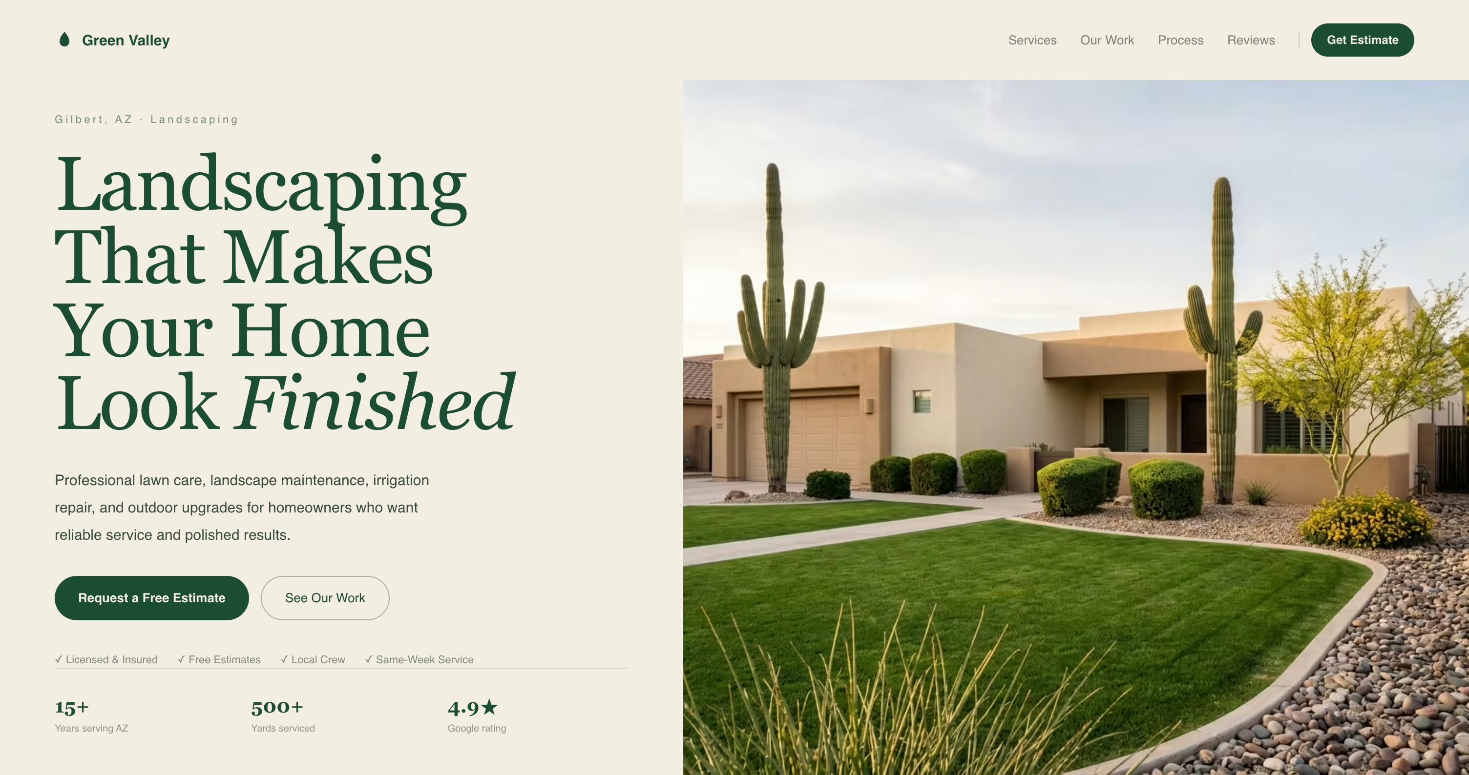 Green Valley Landscaping website hero — cream panel with headline and landscaped Arizona home.