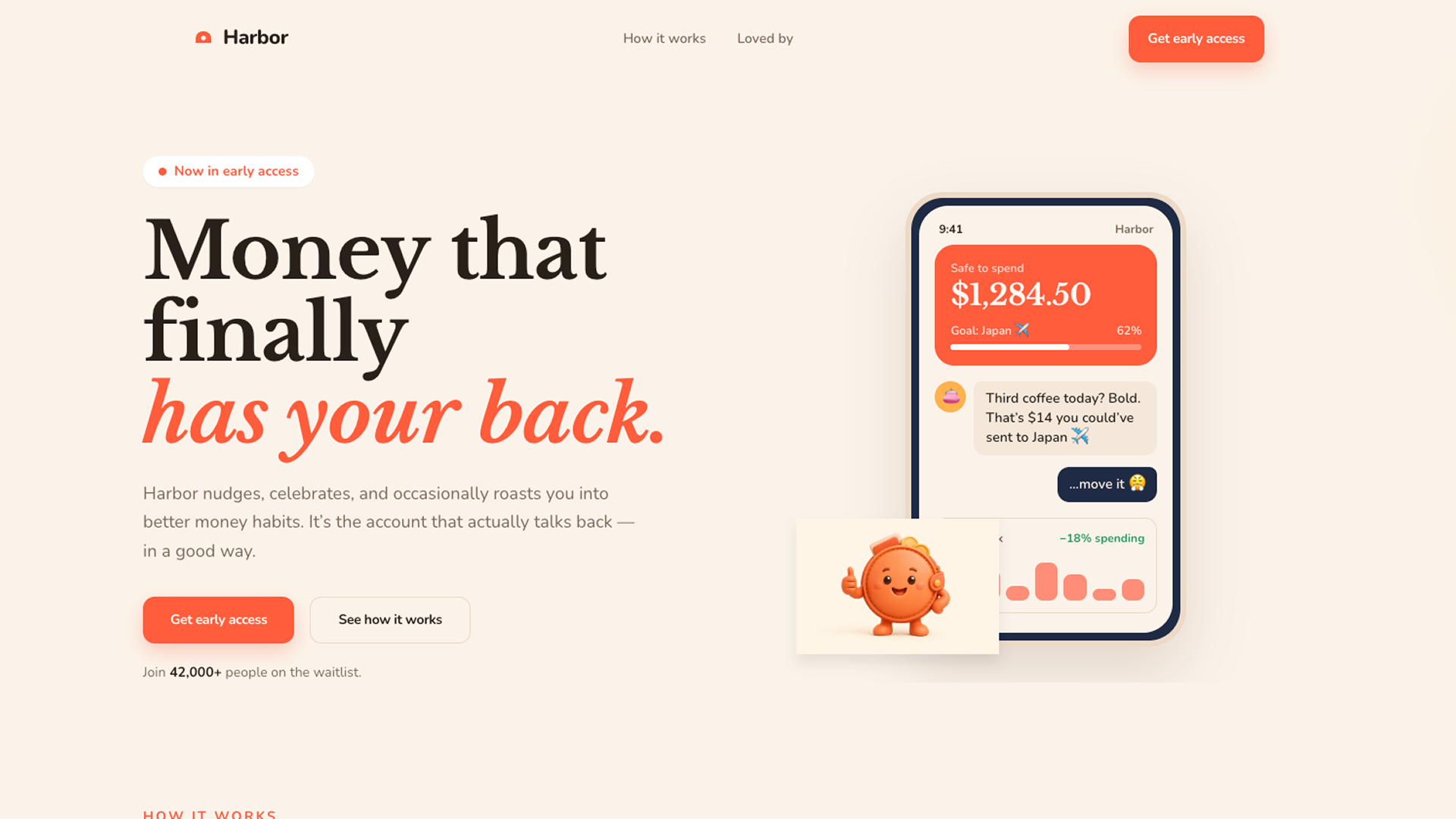 Harbor website hero — warm cream layout with finance app mockup and playful money habits headline.
