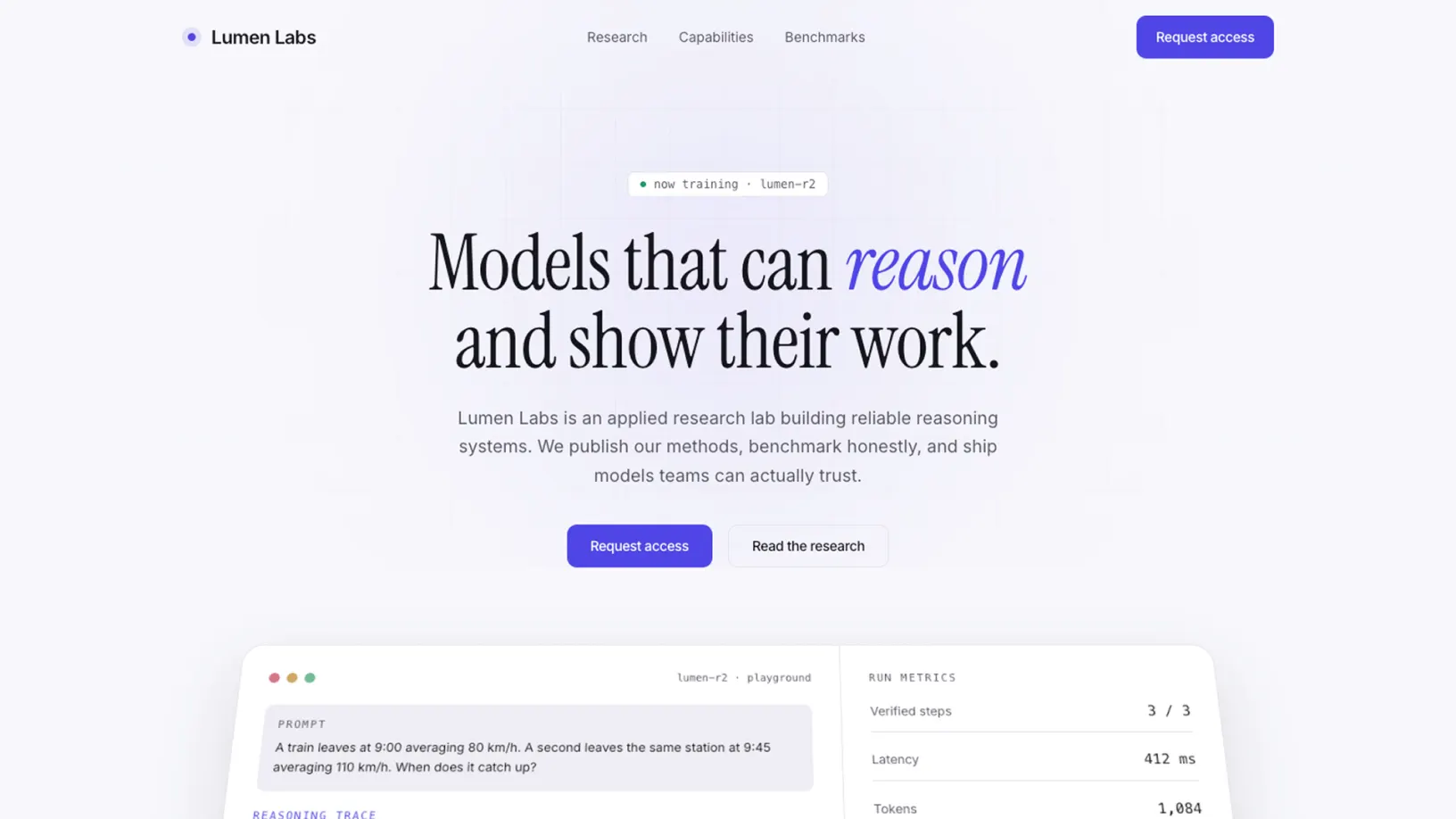 Lumen Labs website hero — clean research lab layout with reasoning models headline and playground UI preview.