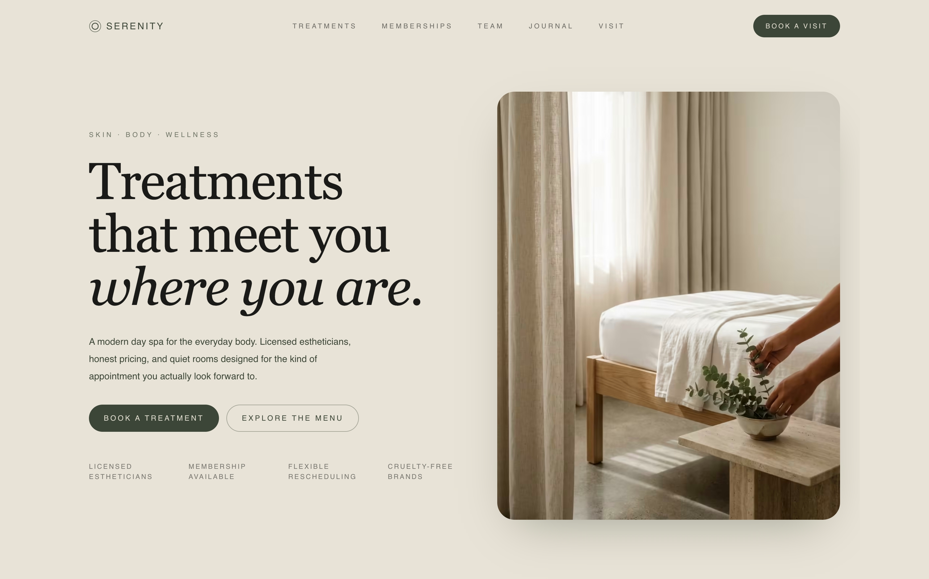 Serenity Spa website hero — linen background with treatment imagery and quiet headline.