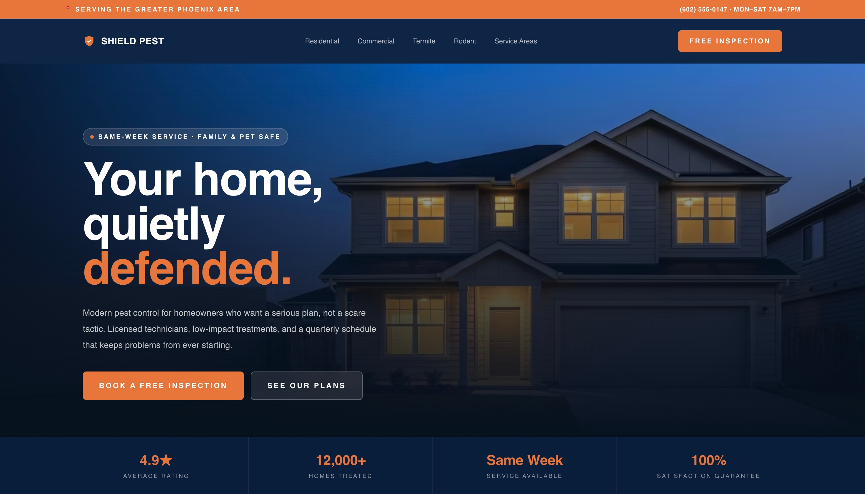 Shield Pest website hero — full-bleed home photo with overlay headline and inspection CTA.