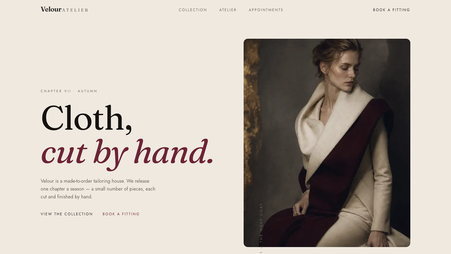 Velour ATELIER website hero — editorial linen layout with wrap coat portrait and made-to-order tailoring headline.